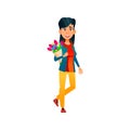 young chinese girl walking with flower bouquet in park cartoon vector