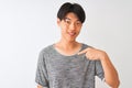 Young chinese man wearing casual t-shirt standing over isolated white background with surprise face pointing finger to himself Royalty Free Stock Photo