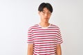 Young chinese man wearing glasses and striped t-shirt standing over isolated white background depressed and worry for distress, Royalty Free Stock Photo