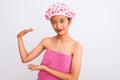 Young chinese woman wearing shower towel and cap bath over isolated white background gesturing with hands showing big and large Royalty Free Stock Photo