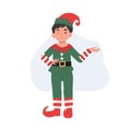 Young christmas elf kid is making introduction. vector illustration Royalty Free Stock Photo