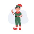 Young christmas elf kid is making introduction. vector illustration Royalty Free Stock Photo