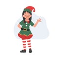 Young christmas elf kid is saying 'Hi' merry christmas. Vector illustration Royalty Free Stock Photo