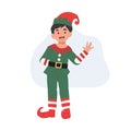 Young christmas elf kid is saying 'Hi' merry christmas. Vector illustration Royalty Free Stock Photo