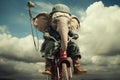 Young circus Elephant riding a bike in the clouds Royalty Free Stock Photo