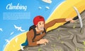 Young climber in protective helmet with Ice axe. Climbing a mountain. Activity Sport concept for poster. Tourist hiking