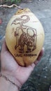 young coconut with a carved image of the Ardjuna