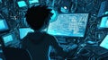 Young coder immersed in multiple screens while programming in a dimly lit room filled with computer equipment