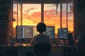 Young coder working from home on multiple screens, programming against a stunning city sunset Royalty Free Stock Photo