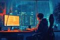 Young coder working from home on multiple screens, programming against a stunning city sunset