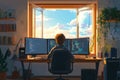 Young coder working from home on multiple screens, programming against a stunning city sunset