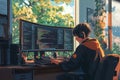 Young coder working from home on multiple screens, programming against a stunning city sunset