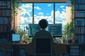 Young coder working from home on multiple screens, programming against a stunning city sunset
