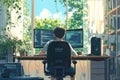 Young coder working from home on multiple screens, programming against a stunning city sunset