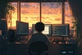 Young coder working from home on multiple screens, programming against a stunning city sunset