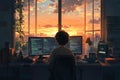 Young coder working from home on multiple screens, programming against a stunning city sunset Royalty Free Stock Photo