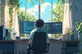 Young coder working from home on multiple screens, programming against a stunning city sunset
