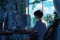 Young coder working from home on multiple screens, programming against a stunning city sunset Royalty Free Stock Photo