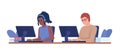 Young colleagues using coworking spaces semi flat color vector characters