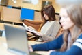 Female student girl with book in library