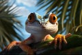 Young colorful lizard sitting on a tree against tropical greenery background. Close-up