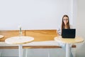 Young business woman working with laptop in a cafe.