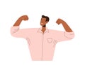 Young confident businessman character showing strong arms felling poser, success and strength