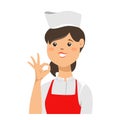 Young confident chef woman in uniform winking one eye and gesturing ok sign with her hand. Vector illustration on white background