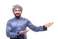 Young confident egypt man presenting product wearing white thobe isolated on a white background