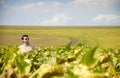 Young confident farmer in a sunflower field Royalty Free Stock Photo