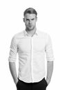 Young and confident. Man well groomed unbuttoned white collar elegant shirt isolated white background. Macho confident Royalty Free Stock Photo