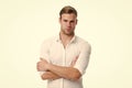 Young and confident. Man well groomed white elegant shirt isolated white background. Macho confident ready work office