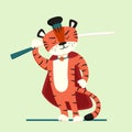 Young confident tiger warrior samurai with sword. Vector flat illustration