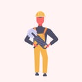 Young construction worker holding handheld circular saw tradesman in yellow uniform and helmet male cartoon character Royalty Free Stock Photo