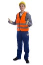 Young construction worker job thumbs up full body portrait isolated