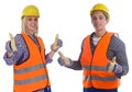 Young construction worker man woman job thumbs up isolated Royalty Free Stock Photo