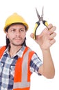 Young construction worker with nippers isolated on Royalty Free Stock Photo