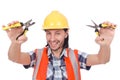 Young construction worker with nippers isolated on Royalty Free Stock Photo