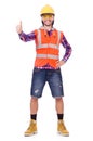 Young construction worker thumbs upisolated on