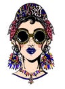 Young glamorous beautiful woman in cool ethnic urban style with cool elegant geometric glasses, earrings and head wrap.