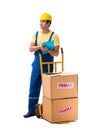 The young contractor with fragile boxes isolated on white Royalty Free Stock Photo