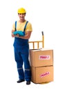 The young contractor with fragile boxes isolated on white Royalty Free Stock Photo