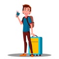 Young Cool Happy Guy At Airport With Suitcase, Passport, Tickets Vector. Isolated Illustration