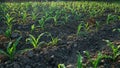 Young corn plants in corn field. Exposed to morning sunlight Royalty Free Stock Photo