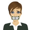 Young corrupt woman with dollar bill taped to mouth. Bribery concept in politics, business, diplomacy.