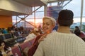 Young Couple In Airport Lounge Waiting Departure Happy Smile Man And Woman Royalty Free Stock Photo