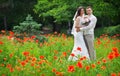 Young couple in the area of red poppies in the park. Royalty Free Stock Photo