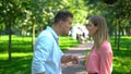 Young couple arguing outdoor, family misunderstanding, emotional abuse, conflict Royalty Free Stock Photo