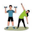 Young couple athlete practicing exercise characters