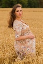 Young couple awaiting baby embrace the field Royalty Free Stock Photo